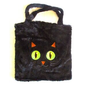 Black Faux Fur Cat Tote Bag Green Eyes Halloween Plush Fuzzy Handbag VERY SOFT